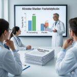 Fosfatidylkolin symboliseret ved en skærm med grafer, og nogle mennesker der deltager i en konference. En stak bøger på bordet imellem dem.