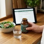 Fosfatidylkolin symboliseret ved et pilleglas, et glas vand, en skål med bl.a. bønner og en pc.