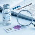 Fosfatidylkolin symboliseret ved en bog der er opslået, et hætteglas og et forstørrelsesglas.