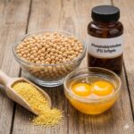 Fosfatidylkolin symboliseret ved et pilleglas, en skål med bønner, en træske med gult pulver og en skål med æggeblommer.