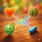 Honikiol symboliseret ved model af molekylestruktur i midten og herudfra strenge til en grøn vækst, en turkis kapsel et orange hjerte og et grønt skjold.