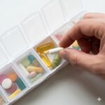 Honikiol symboliseret ved en doseringsæske, hvor de fleste rum er fyldt med farvede piller og kapsler. To fingre tager en kapsel.