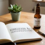 Honikiol symboliseret ved en flaske med dråber, en notesbog der er opslået og en lille grøn potteplante.