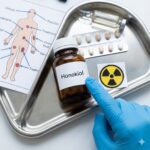 Honikiol symboliseret ved papir med grafer, et pilleglas, en giftadvarsel og en behandsket hånd der peger. 