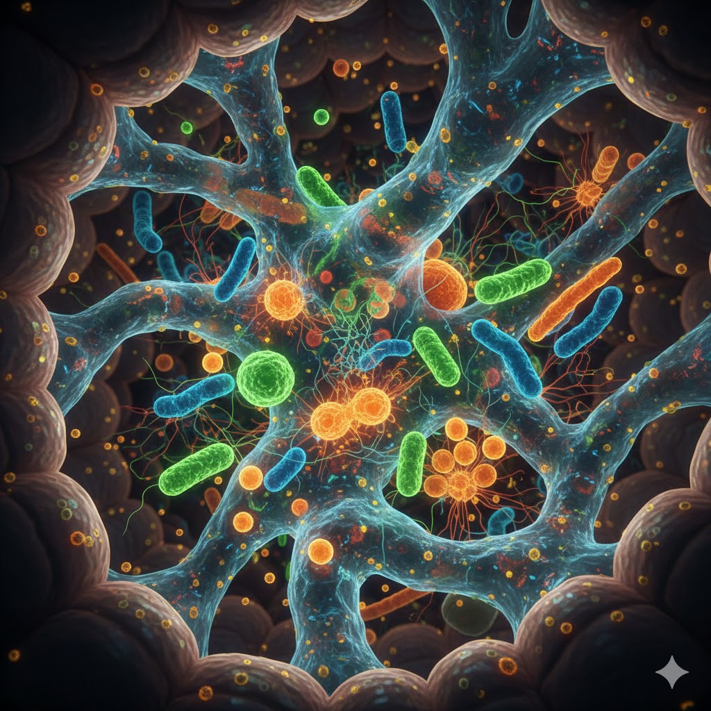 Målrettet samspil symboliseret ved cirkulær formation med struktur og kapsel og pillelignende formationer.