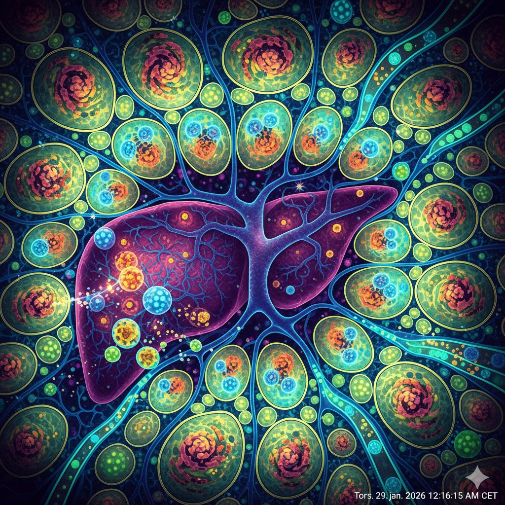 Målrettet samspil symboliseret ved en nærmest psykadeliske afbildning af lever med turkise og gullige celler omkring.