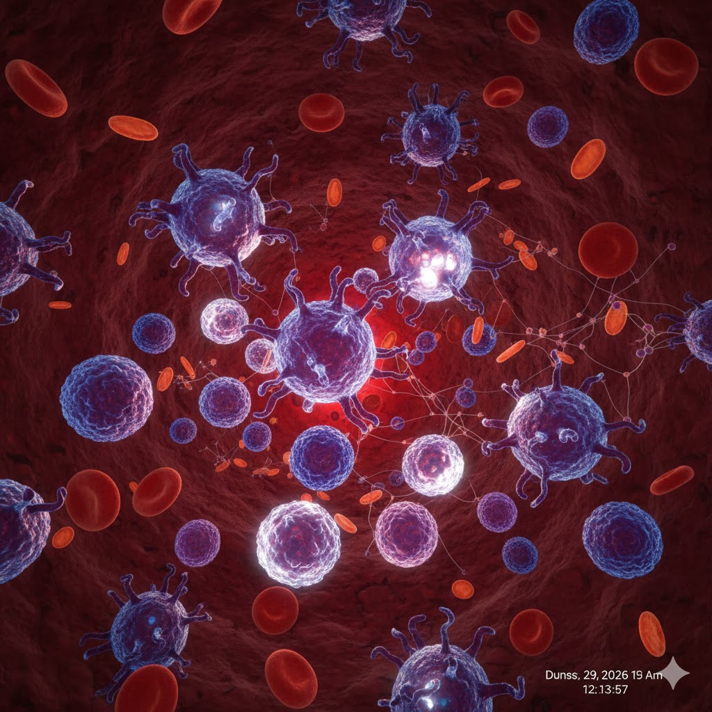 Målrettet samspil symboliseret ved lilla celler med rødlig baggrund.