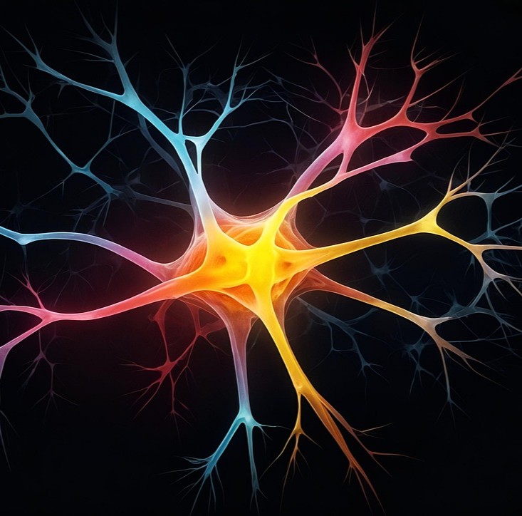 Målrettet samspil symboliseret ved en neurit med fangarme. Flerfarvet. Sort baggrund.