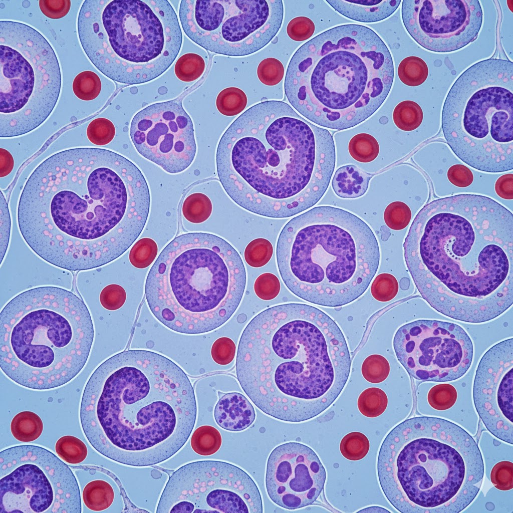 Målrettet samspil symboliseret ved mikroskopibillede af hvide blodlegemer - her lilla.