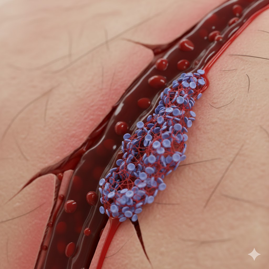 Målrettet samspil symboliseret ved et langstrakt og blodigt sår på hud, der størkner med lilla masse.