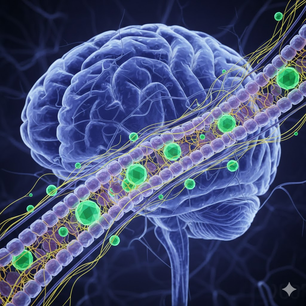 Målrettet samspil symboliseret ved en tegning i lilla af hjerne med et bånd med grønne enheder henover.