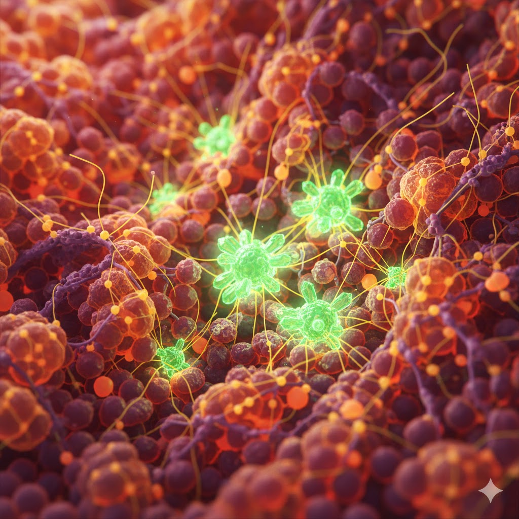 Målrettet samspil symboliseret ved røde enheder og grønlig baggrund.