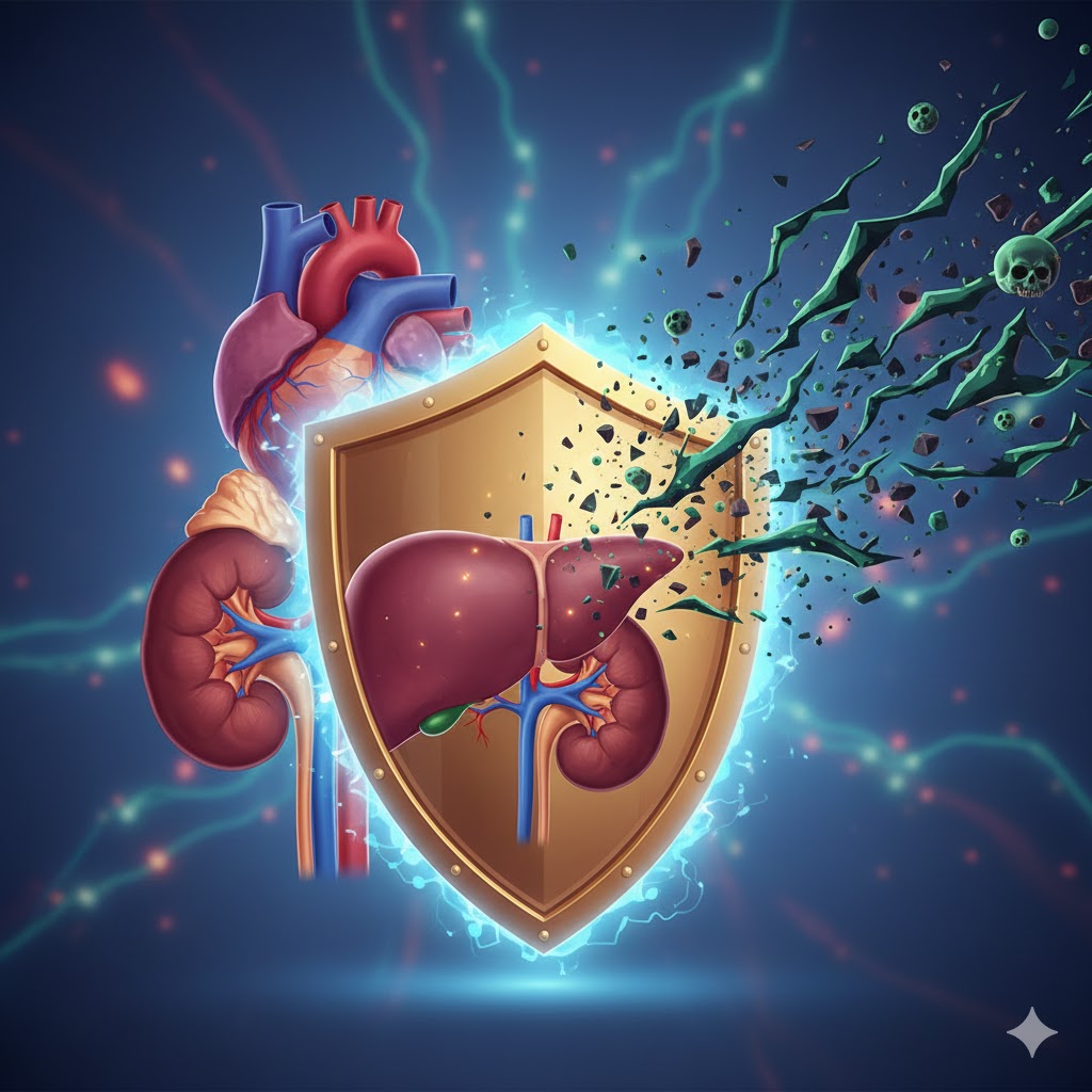 Målrettet samspil symboliseret ved et skjold med en leveraftegning. Bag dette en nyre og et hjerte. Lilla baggrund.