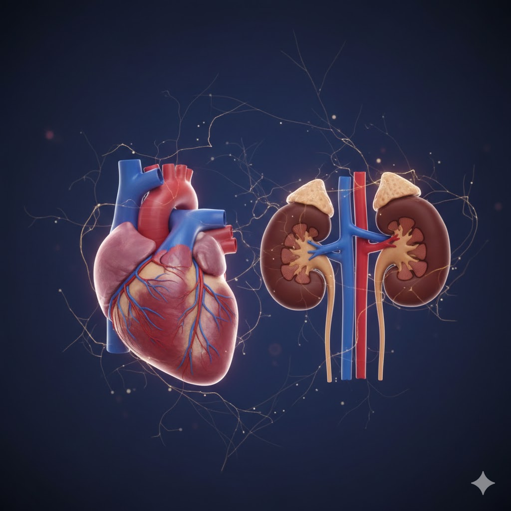 Målrettet samspil symboliseret ved model af et hjerte og et sæt nyrer. Lilla baggrund.