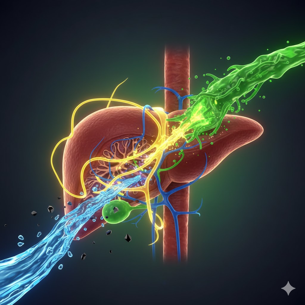 Målrettet samspil symboliseret ved en lever med gennemstrømning af grøn masse der går ind og klar blå der forlader den.