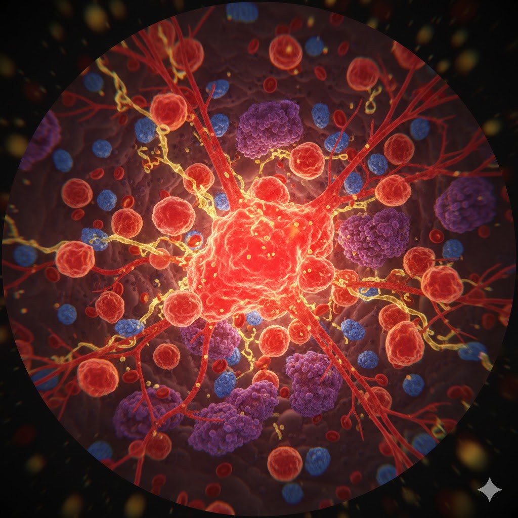 Blodstøtte symboliseret ved billede af røde og blå og lilla celler.