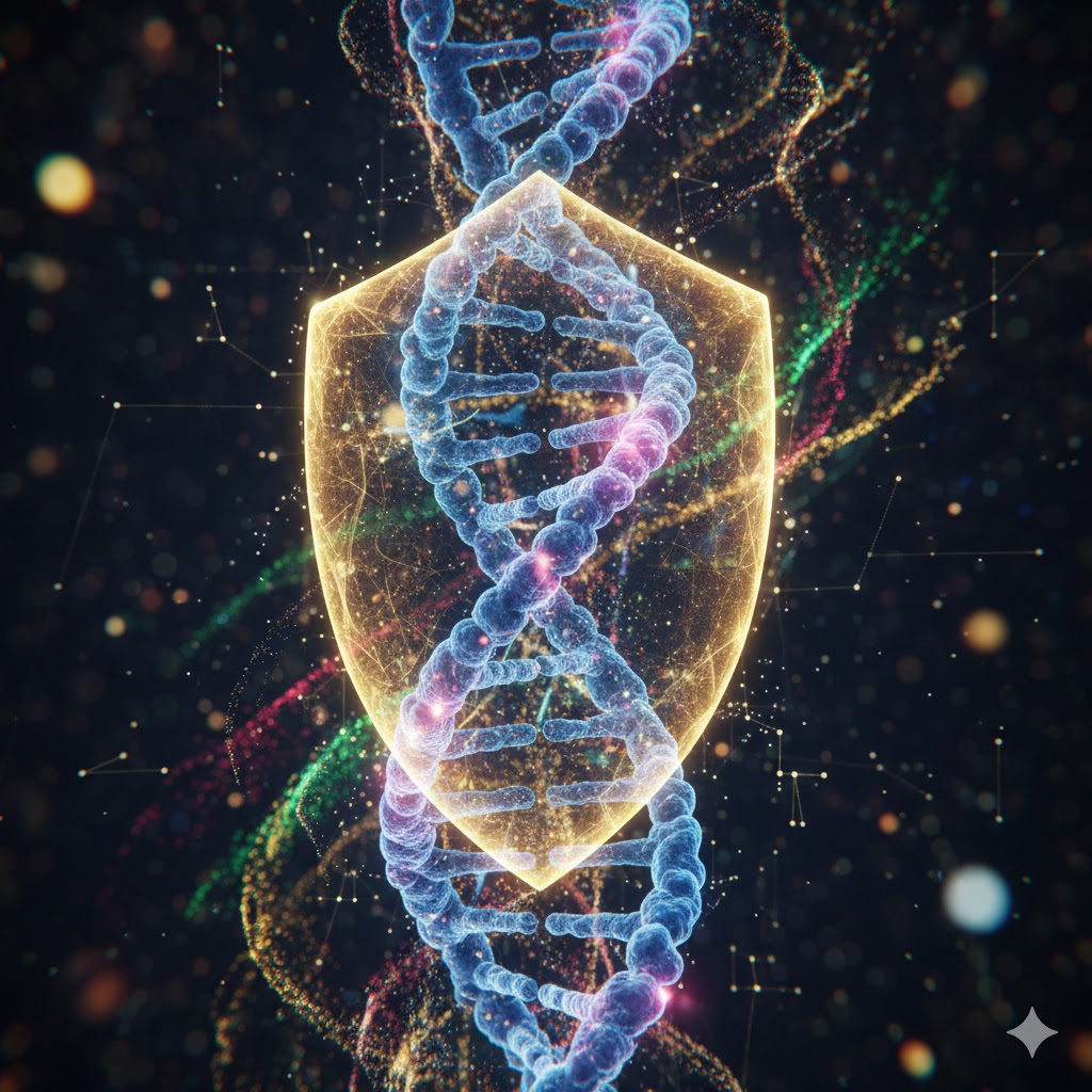 Målrettet samspil symboliseret ved en DNA-streng lodret og et lysskjold foran dette.