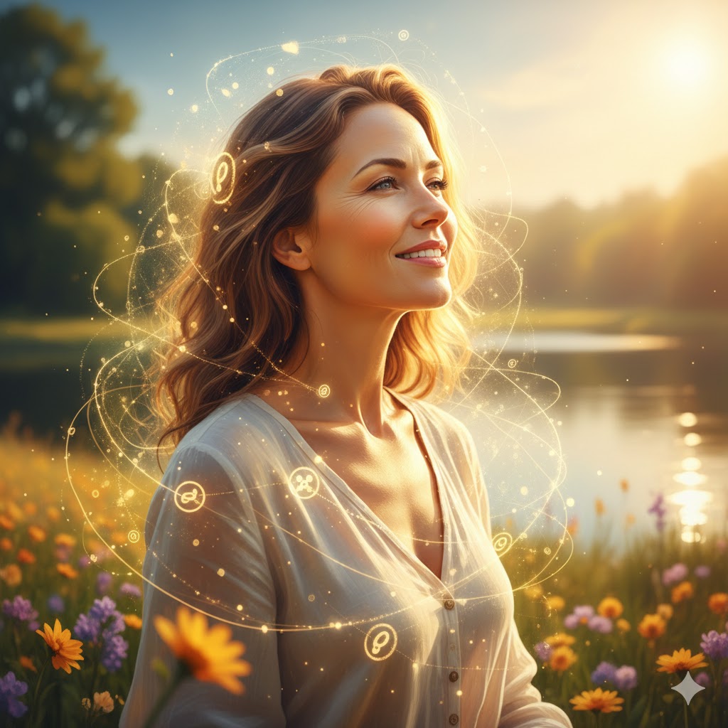 Målrettet samspil symboliseret ved en kvinde der smiler. Man ser overkroppen i naturen. Sø i baggrunden.