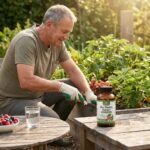 Pao Pereira symboliseret ved en mand der sidder udendørs. På et bord står et glas vand og på et andet bord en bøtte med piller.