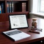 Pao Pereira symboliseret ved et skrivebord med pc, en åben bog med print, en lille flaske og et par briller. I baggrunden ses en bogreol.