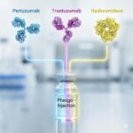 Phesgo syboliseret ved navne på de tre produkter det indeholder og derunder et hætteglas med Phesgo.