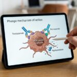 Phesgo symboliseret ved en pc med et billede af hvordan rosa kræftcelle bliver angrebet.