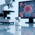 Phesgo symboliseret ved en skærm med rosa kræftceller, et hætteglas med phesgo og et mikroskop
