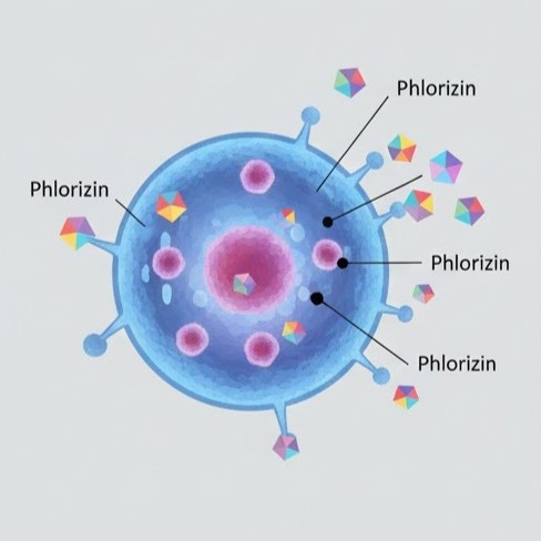 Phlorizin symboliseret ved en blå celle med rosa kerne og små enheder omkring denne. Dette påvirkes af celler udefra af Phlorizin.