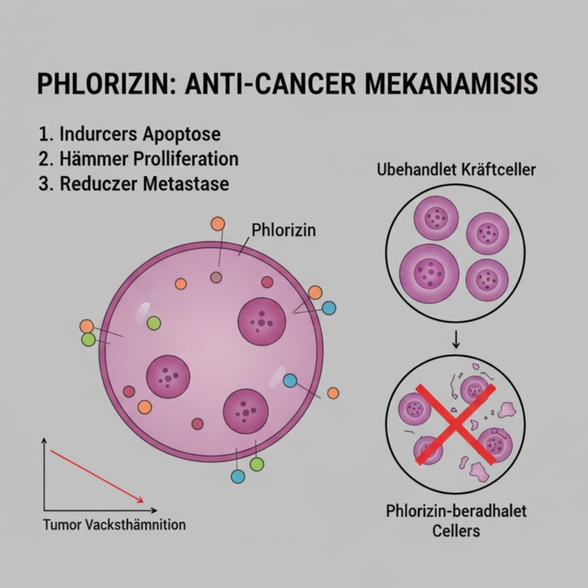 Phlorizin symboliseret ved rosa celler der påvirkes. Grå baggrund.