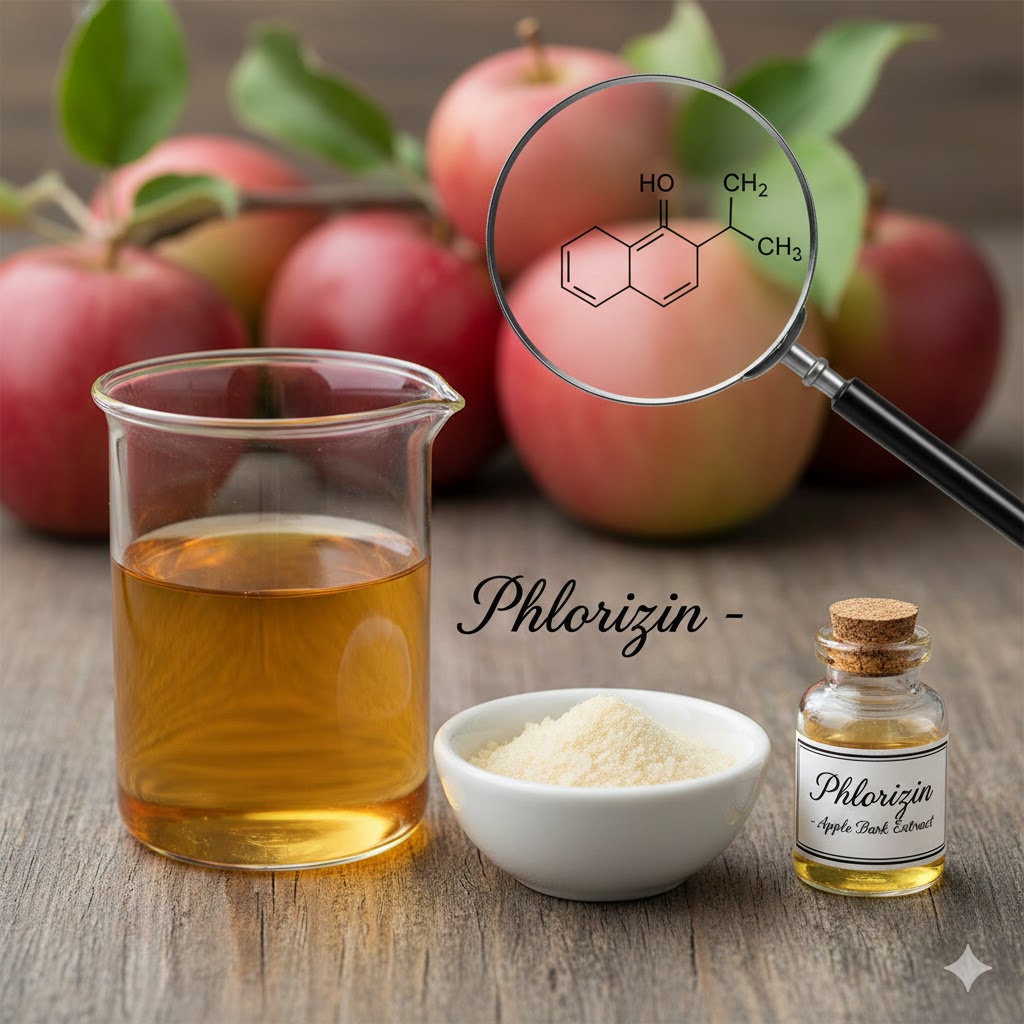 Phlorizin symboliseret ved en væske i et målebæger, noget pulver i en lille skål, en lille flaske med korkprop. og nogle æbler, hvor der holdes et forstørrelsesglas ind over.