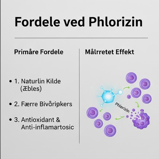 Phlorizin symboliseret ved en planche med tegning af lilla celler hvor den ene bliver påvirket af en turkis celler. Desuden tekst.