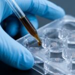 Piperin symboliseret ved en behandsket hånd der med en dråbetæller drypper sort-brun væske ned i små bægre.