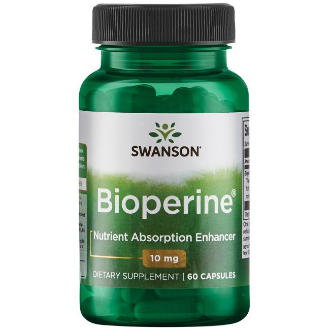 Piperin symboliseret ved et grønt pilleglas fra Swanson med påskriften Bioperine, Nutrient Absorbtion Enchanger.