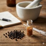 Piperin symboliseret ved peberkorn, en notesbog med pen, et klart glas med orange pulver en morter i hvid porcelæn.