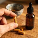 Piperin symboliseret ved nogle kapsler med karryfarvet pulver og en brun pipetteflaske med væske. En skål i baggrunden.