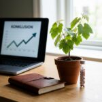 Proanthocyanidiner symboliseret ved en pc med en graf, en notesbog og en grøn plante i urtepotte.