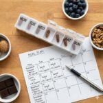 Proanthocyanidiner symboliseret ved et skema på papir, en doseringsæske i hvid. Nogle små skåle med bl.a. blåbær og chokolade.