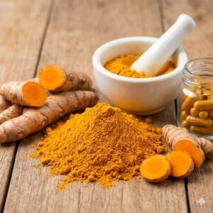 Quiz - Curcumin symboliseret ved pulver fra gurkemeje i en morter og nogle skiver. samt et par hele rødder.