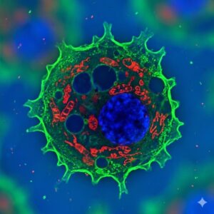 Quiz - Metabolisk behandling symboliseret ved en celle, der oplever angreb med grøn farve i randen. Blå baggrund.