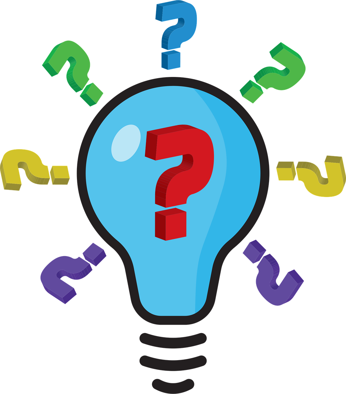 Quiz-siden symboliseret ved en el-pære i blåt, med rødt spørgsmålstegn i midten og farvede mindre ?-tegn omkring denne.