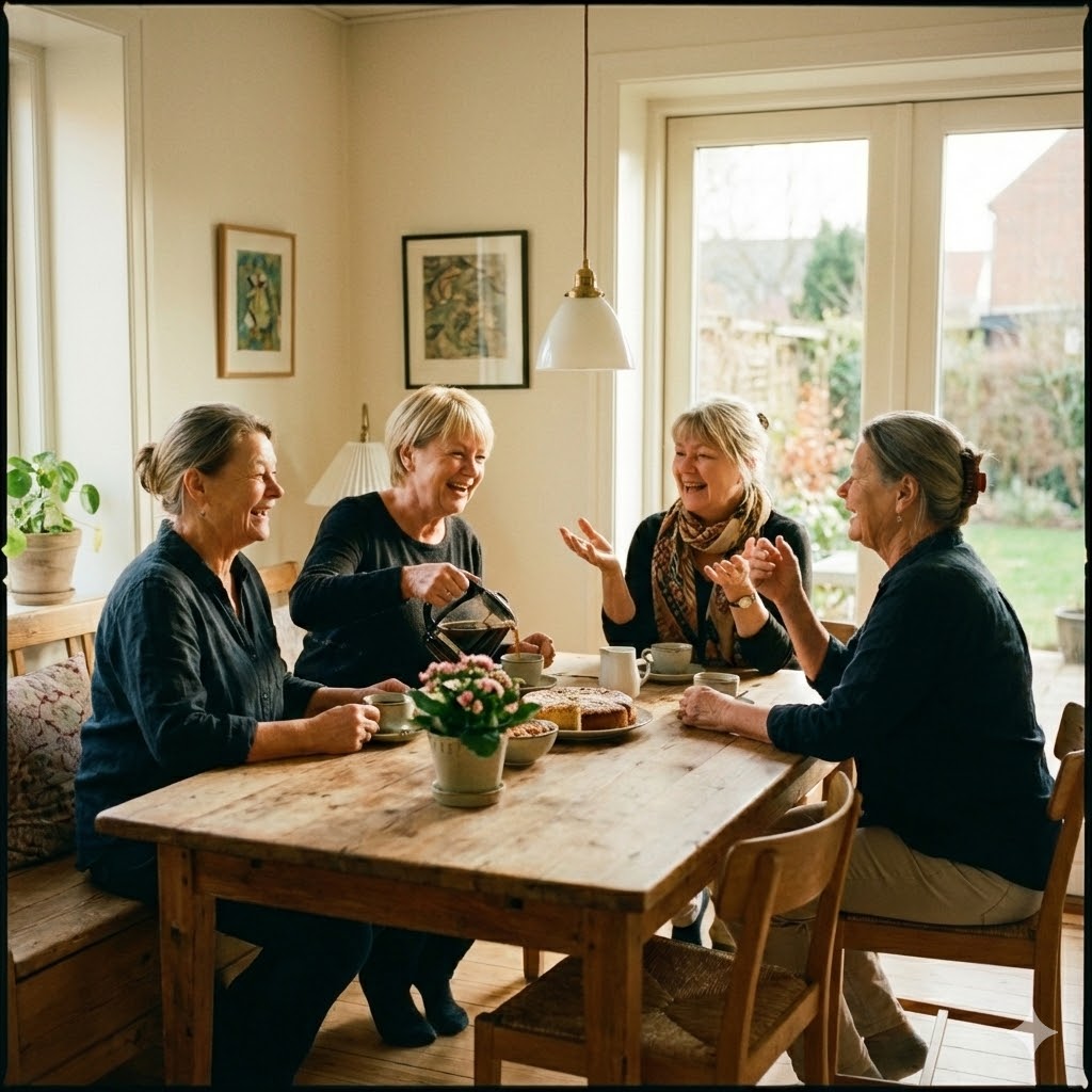 Sikre tiltag symboliseret ved en gruppe mennesker der sidder omkring et bord og hygger sig.