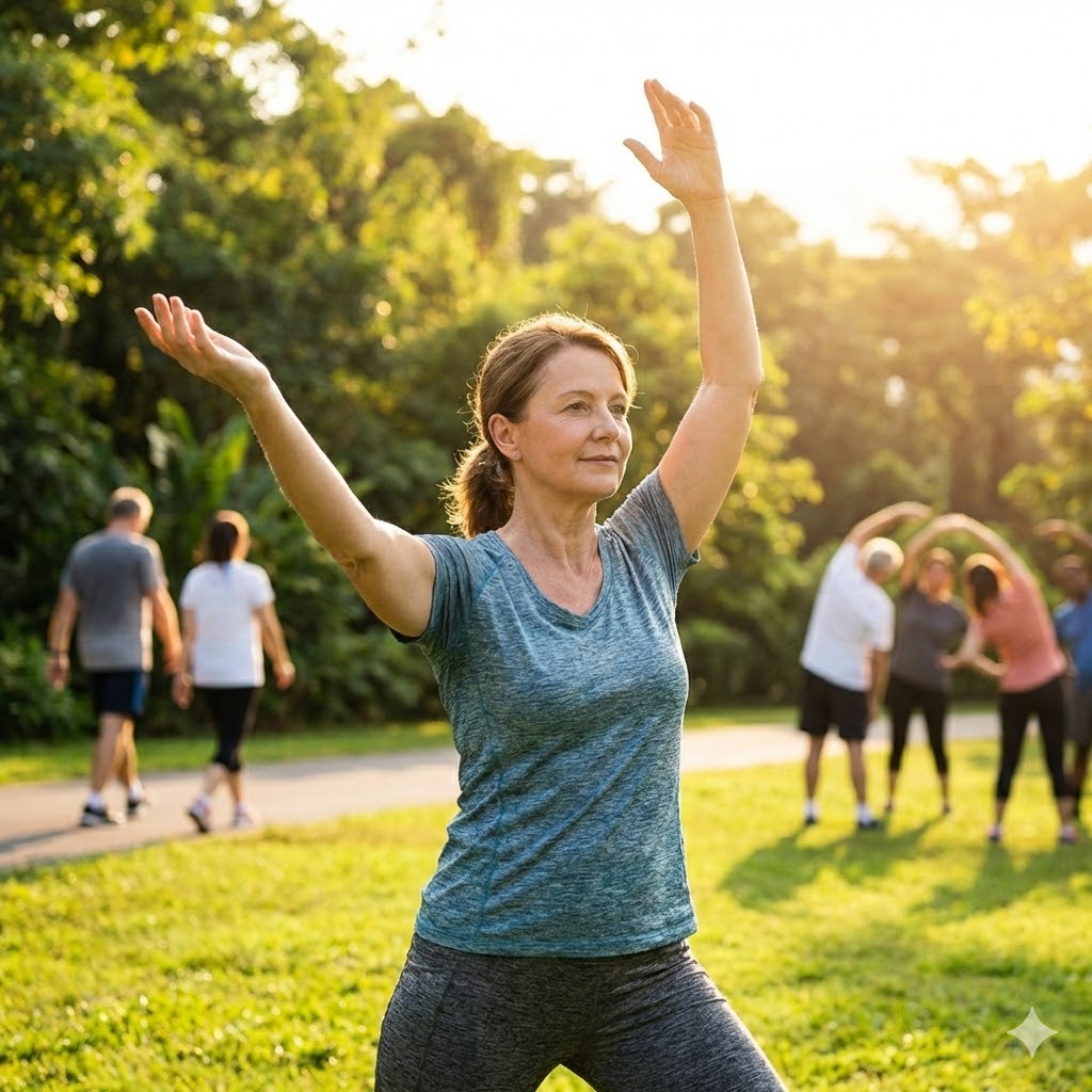 Sikre tiltag symboliseret ved en kvinde der står i naturen og laver øvelser.