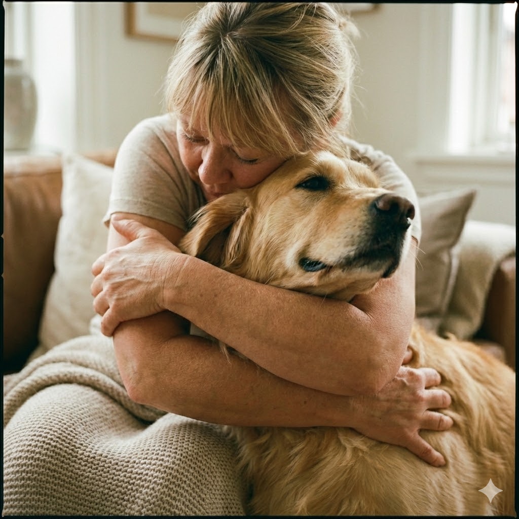 Sikre tiltag symboliseret ved kvinde der omfavner en hund - labrador.