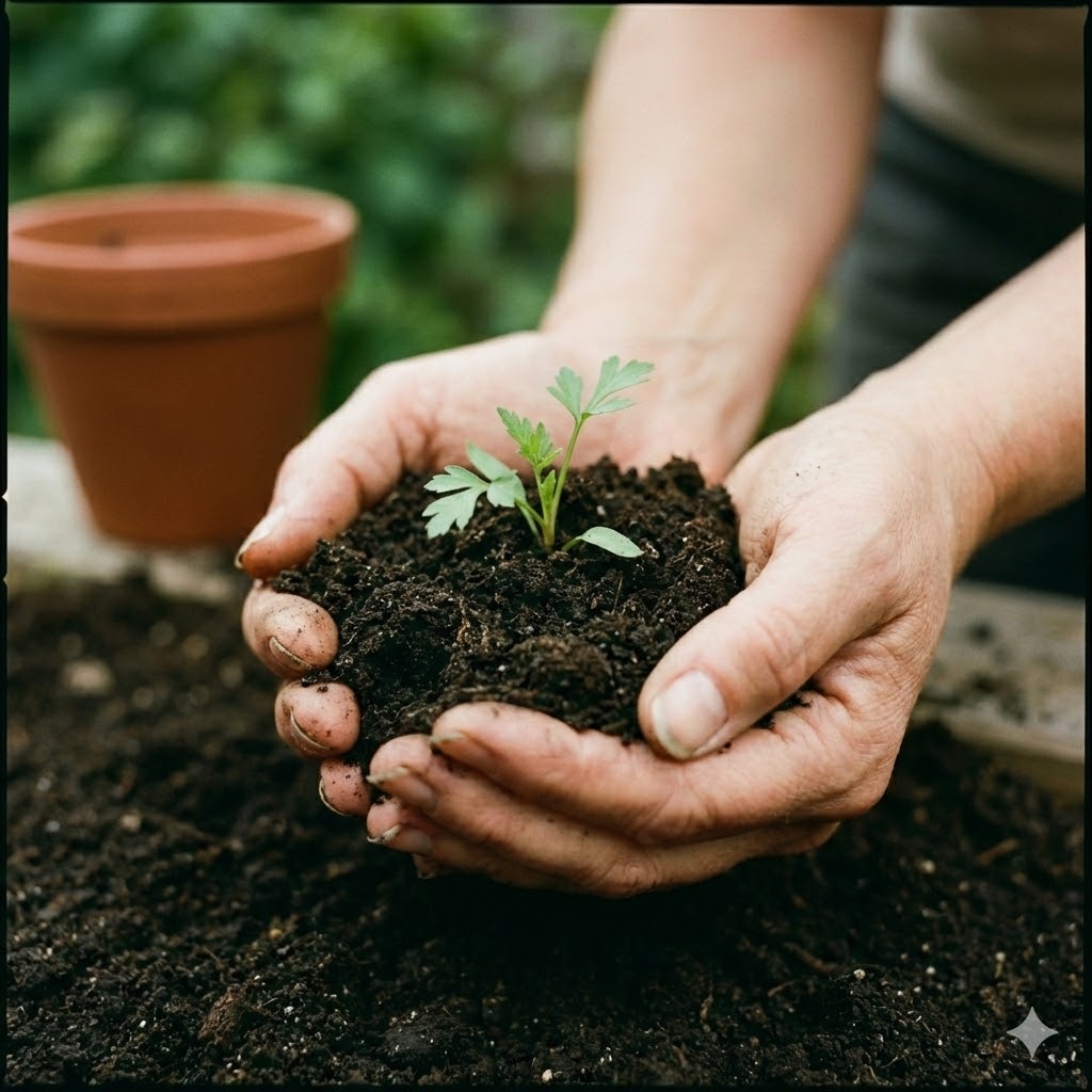 Sikre tiltag symboliseret ved nogle hænder der holder muldjord med en spirende plante op. I baggrunden en ler-urtepotte.