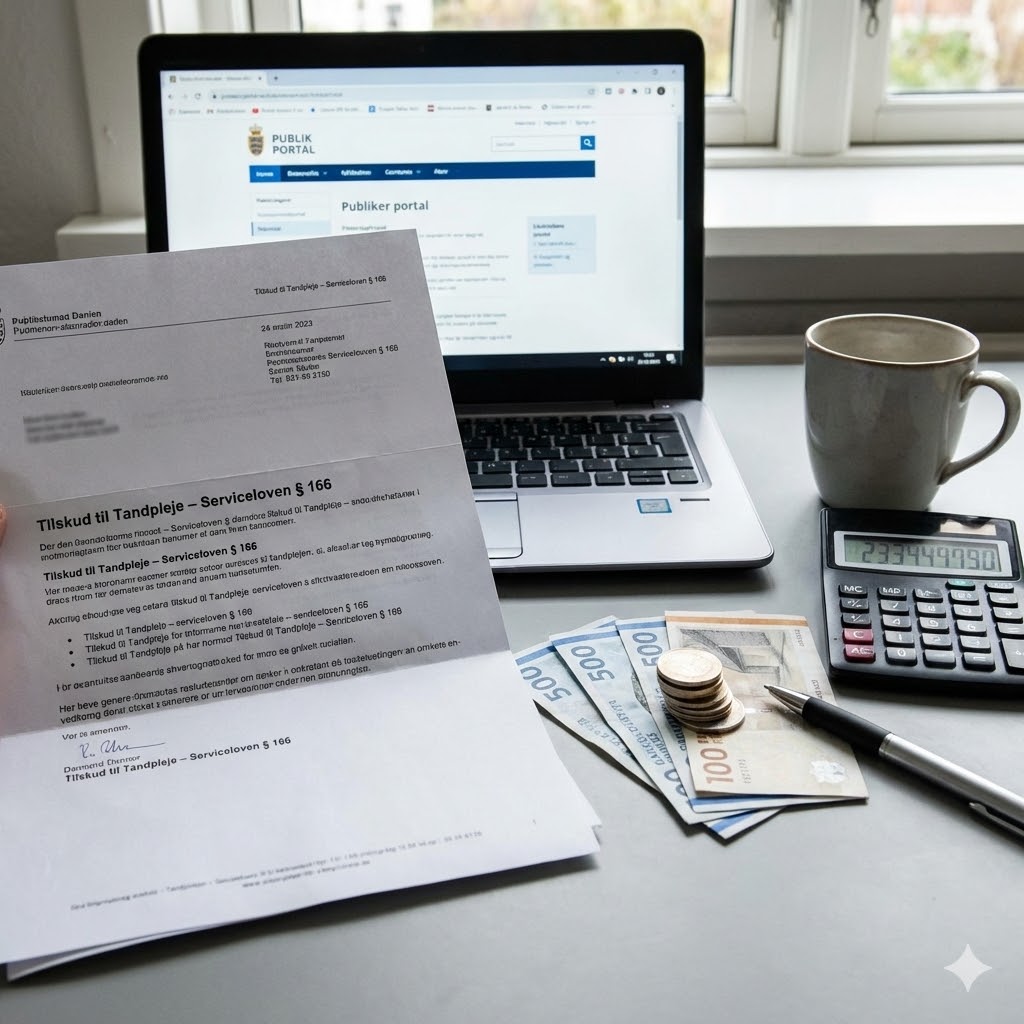 Tandsundhed symboliseret ved en pc, en stak pengesedler og mønter, en lommeregner, en kop te og et stykke papir med ansøgning.