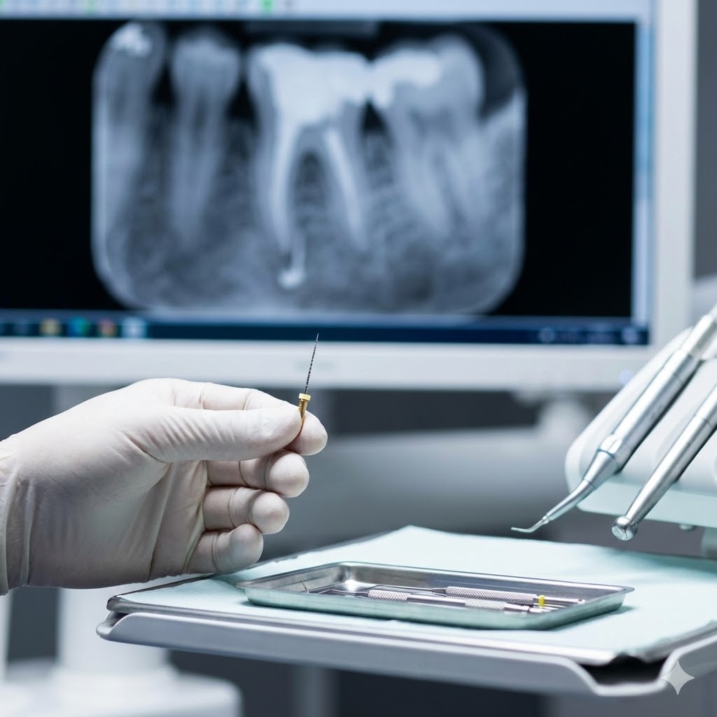 Tandsundhed symboliseret ved røntgenbillede af tænder og del af tandlægebord og en hånd.