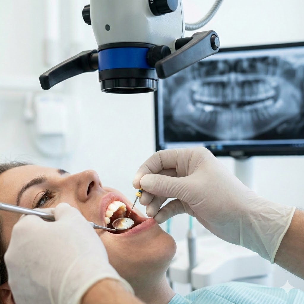 Tandsundhed symboliseret ved ansigtet fra en der bliver tandbehandlet. Desuden ses et røntgenbillede.