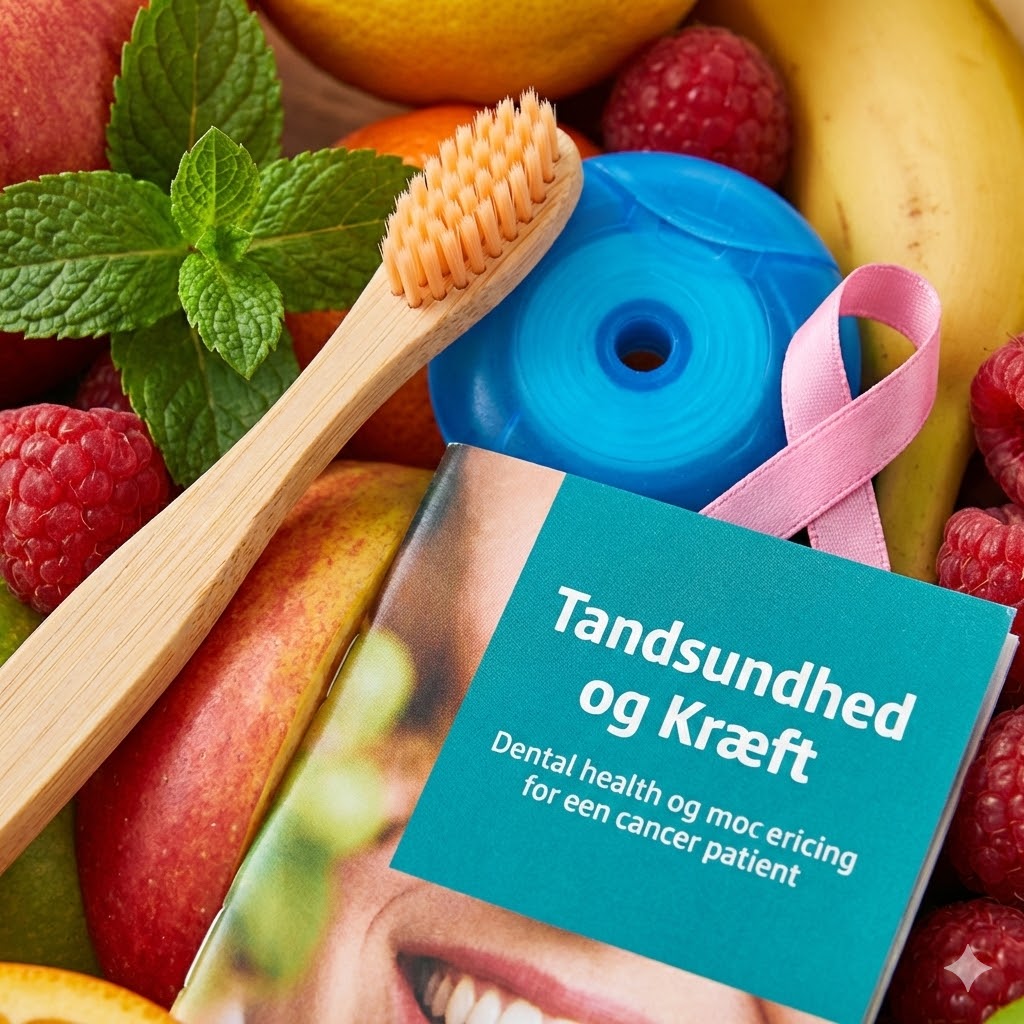 Tandsundhed symboliseret ved en bog om Tandsundhed og kræft, en tandbørste, noget tandtråd og en rød sløjfe liggende på noget frugt.