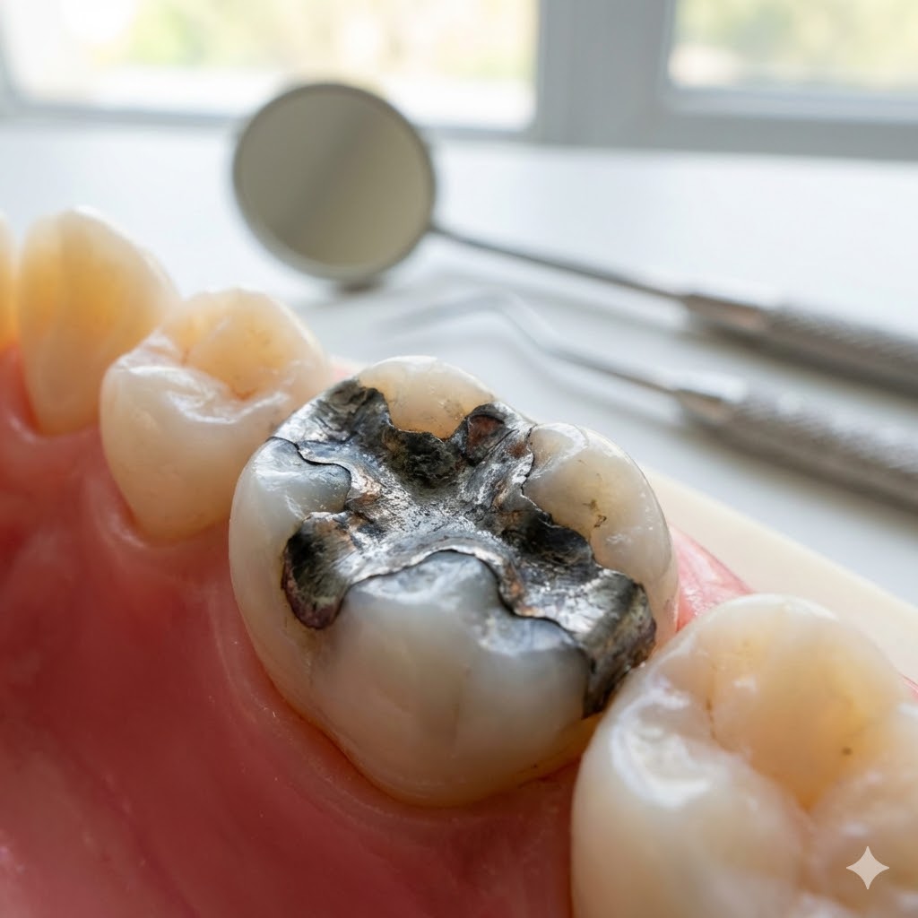 Tandsundhed symboliseret ved en kindtand med amalganfyldning. flere kindtænder ses og et tandlægespejl.