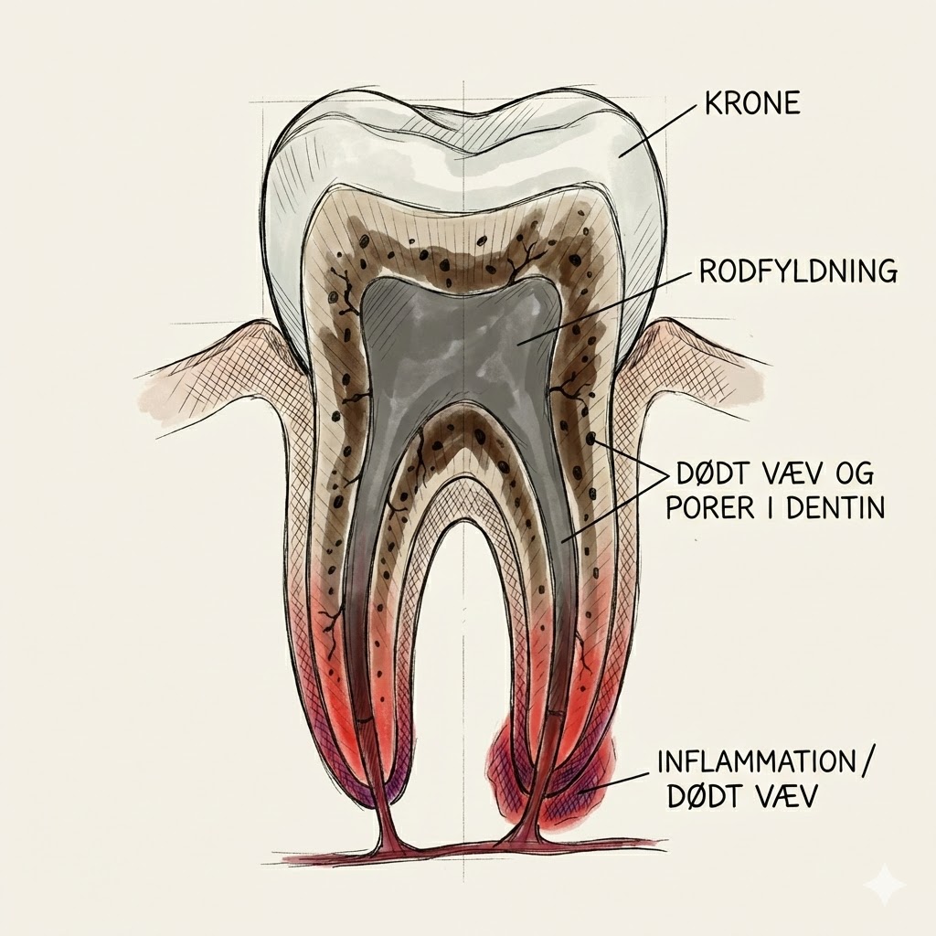 Tandsundhed symboliseret ved skitse af en rodbehandlet tand, hvor der ses vævsirritation ved roden og vævsdød i tandens indre.